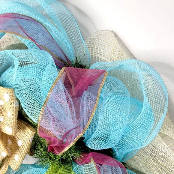 Holiday Mesh Wreath with Bowtie - Multiseason Easter Spring Christmas - Picture 4 of 6